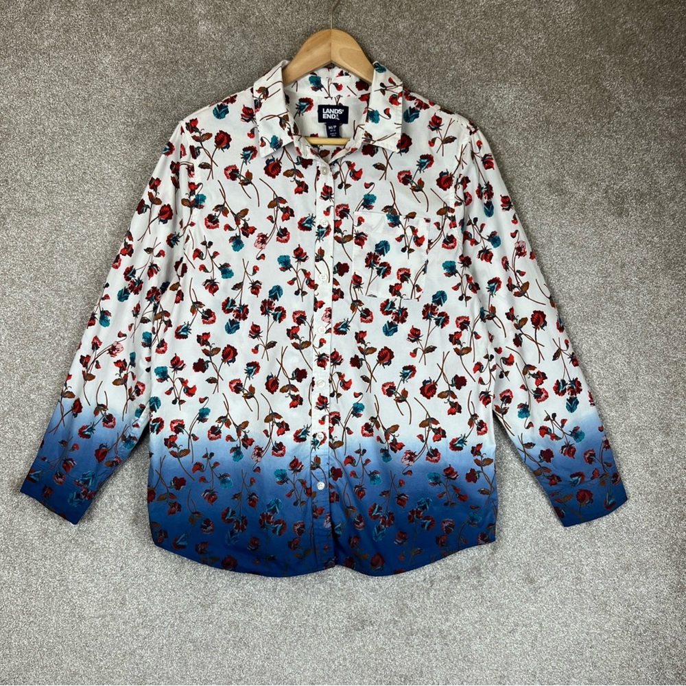 Lands End Shirt Womens Medium Petite Blue White Floral Ombre Button- 3196*